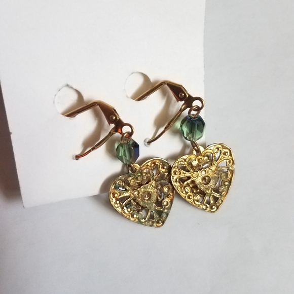 Hand Crafted Hearted Shaped Green Rhinestone Earrings - Picture 6 of 9